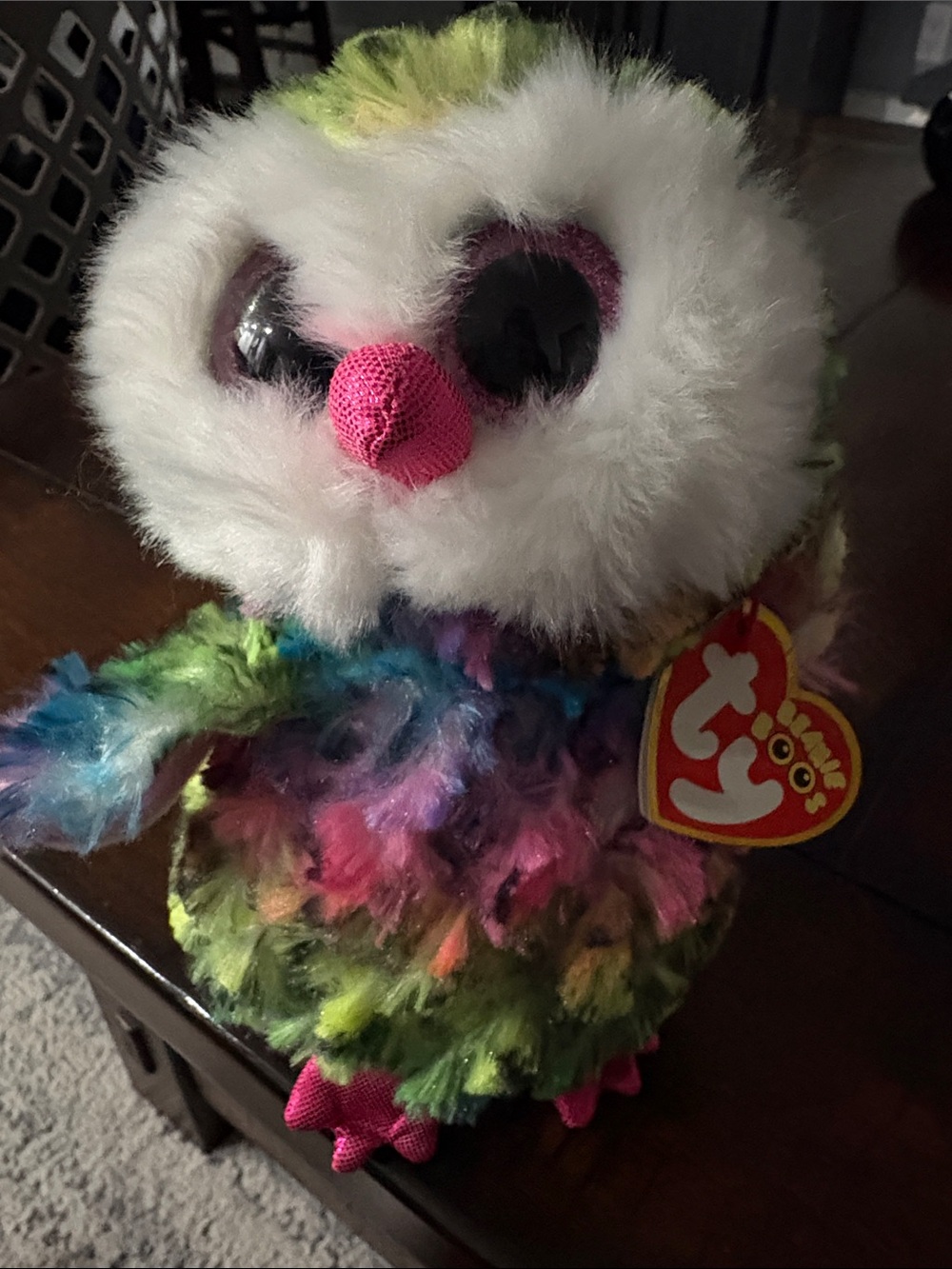 Ty Multicolor Plush Owl Beanie Boo with Pink Nose